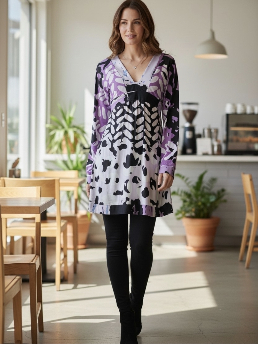 Analili Black, White & Lavender Abstract Print Top